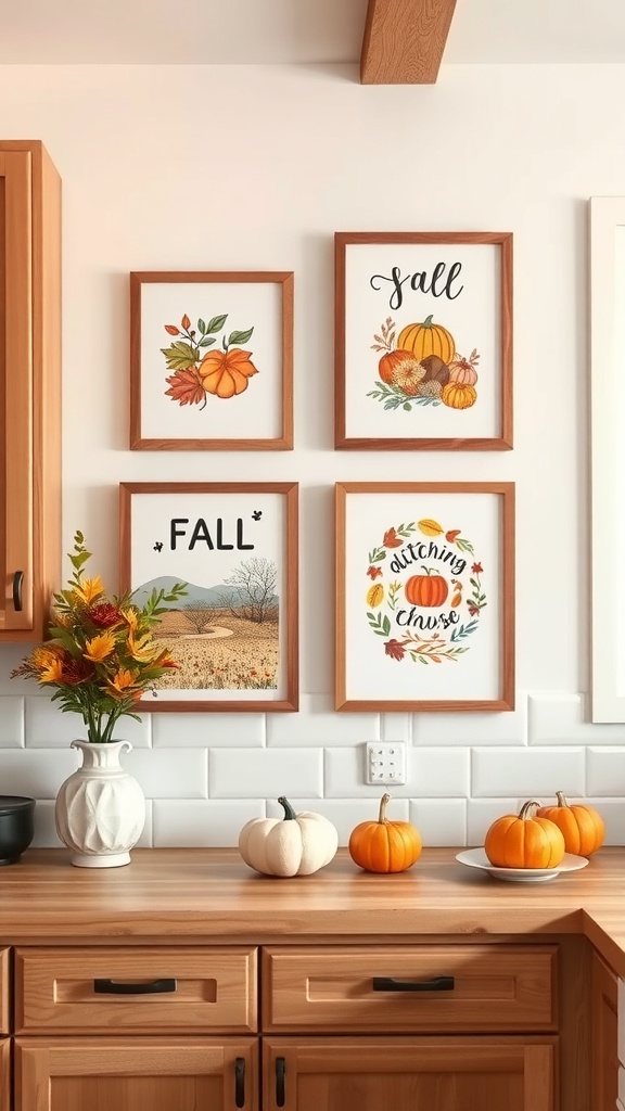 A cozy kitchen wall decorated with fall-themed art prints and pumpkins on the counter.