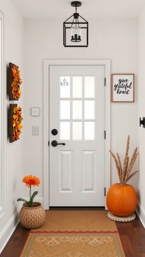 A cozy entryway featuring a white door, seasonal wall art with the phrase 'give grateful heart,' colorful wreaths, and a decorative pumpkin.