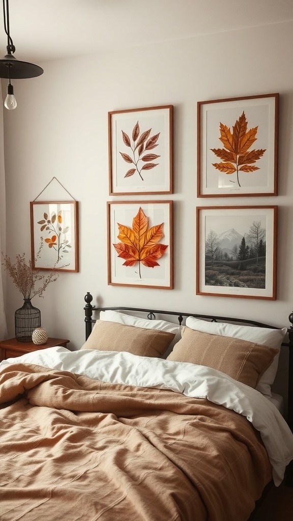 Framed seasonal wall art featuring autumn leaves in warm colors.