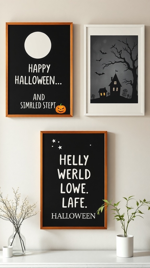 A collection of Halloween-themed wall art featuring playful and spooky designs.