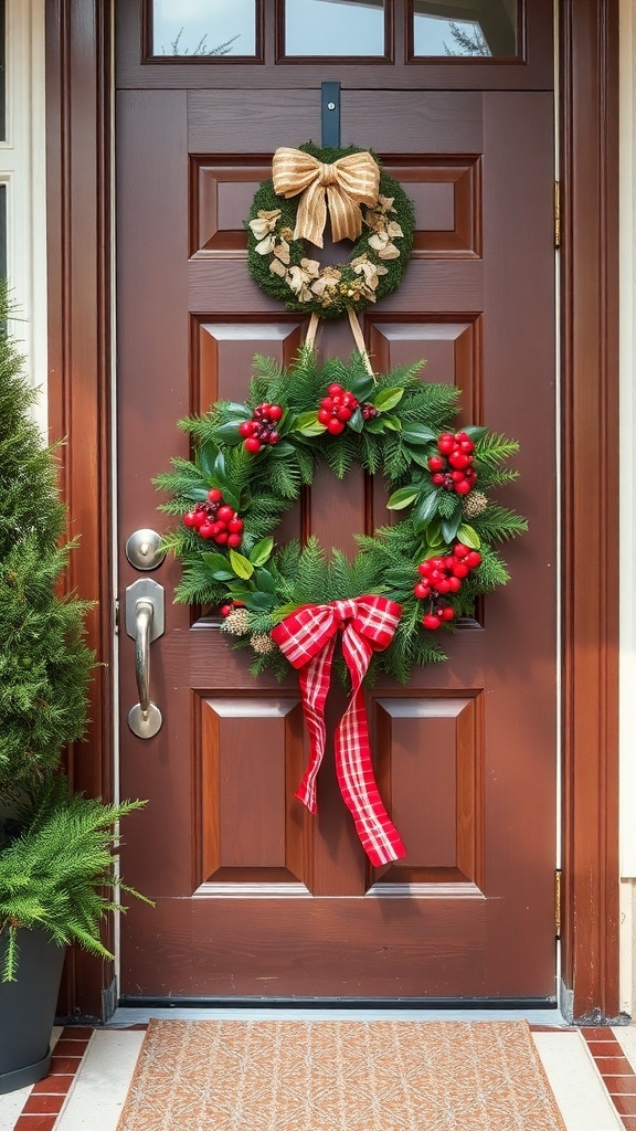 A festive front door decorated with a large green wreath with red berries and a red checkered bow, along with a smaller wreath above it.