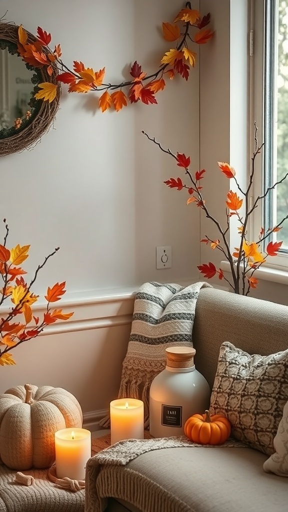 Cozy fall decor with candles, pumpkins, and autumn leaves