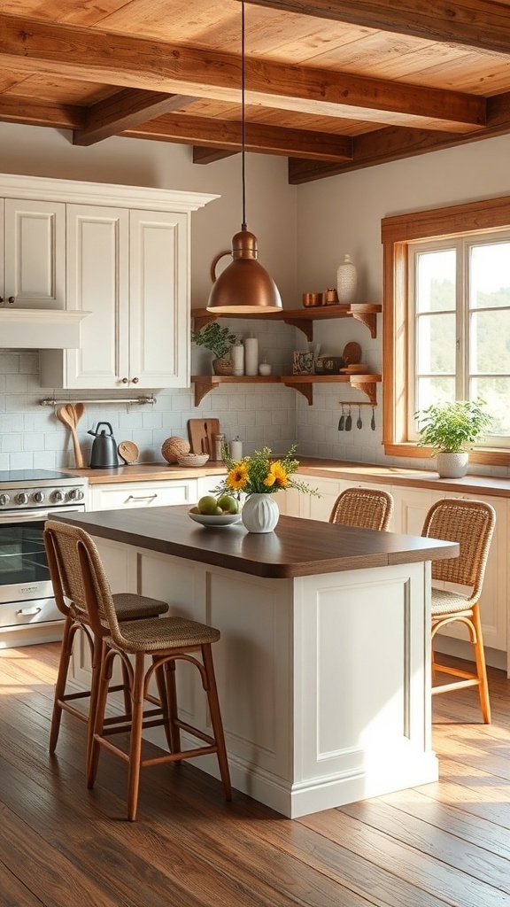 A modern kitchen with a central island featuring seating, warm wood tones, and white cabinetry.