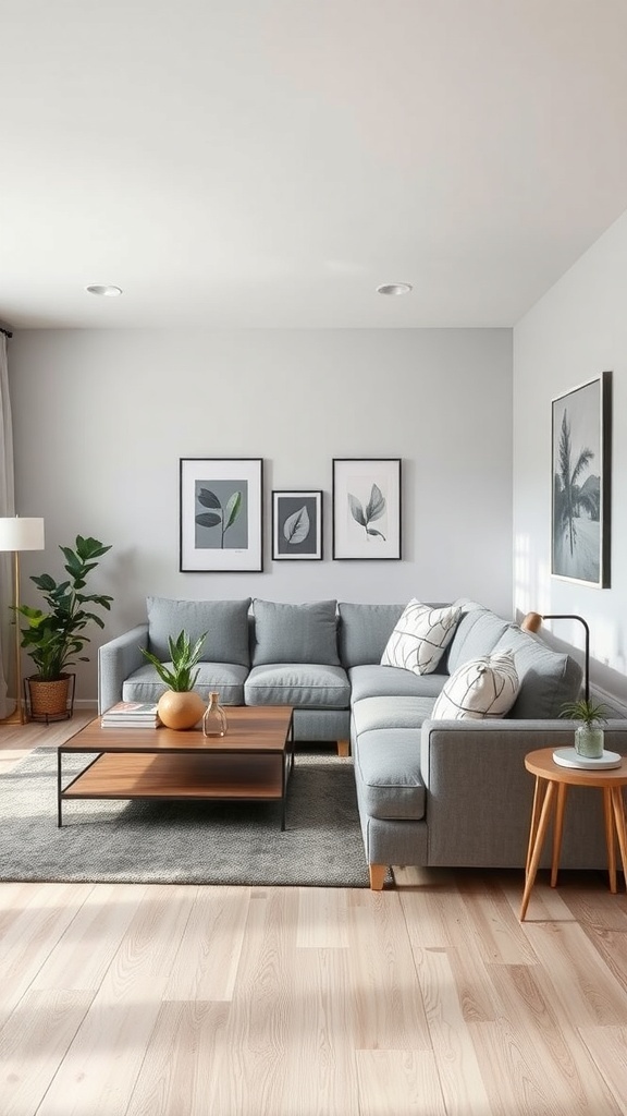 A cozy small living room featuring a light gray sectional sofa, wooden coffee table, and decorative plants.
