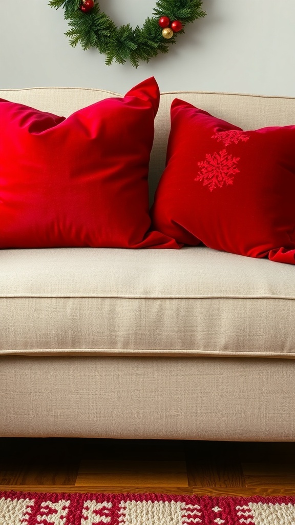 Cozy red throw pillows with snowflake design on a beige couch, with a green wreath in the background