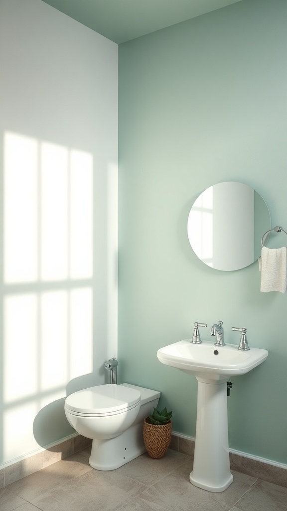 A stylish bathroom with soft green walls, a white sink, and a toilet, featuring natural light.