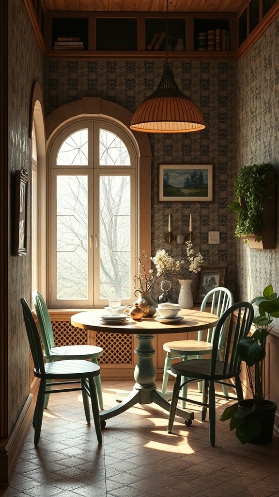 A cozy breakfast nook featuring a round wooden table and colorful chairs, surrounded by warm decor and natural light.