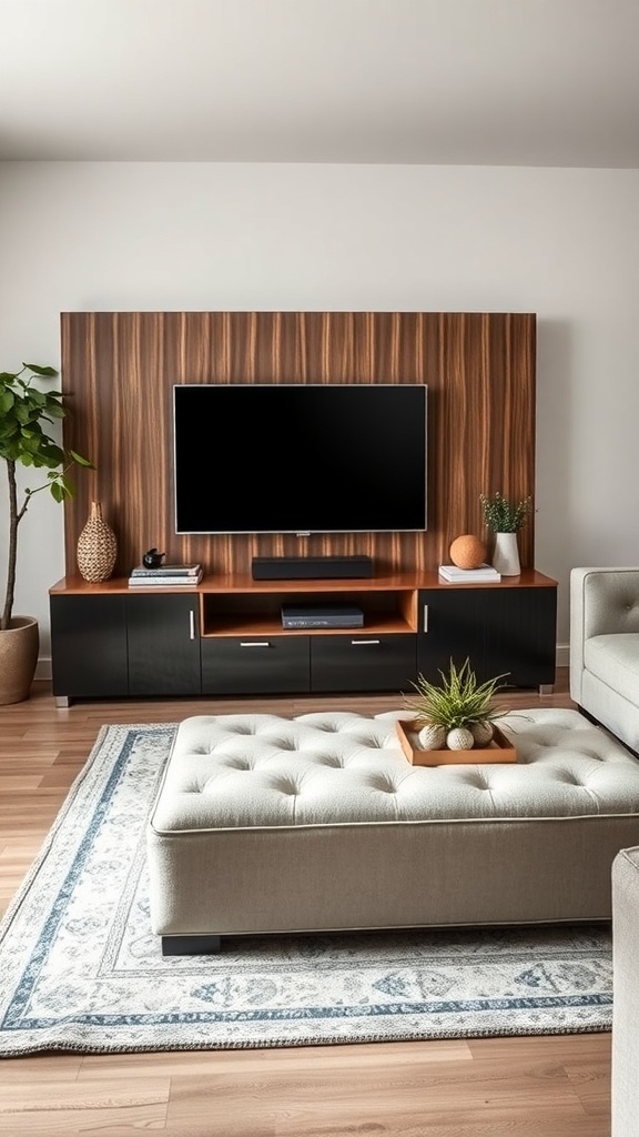 A stylish living room featuring a coffee table with storage, a TV unit, and a cozy seating area.