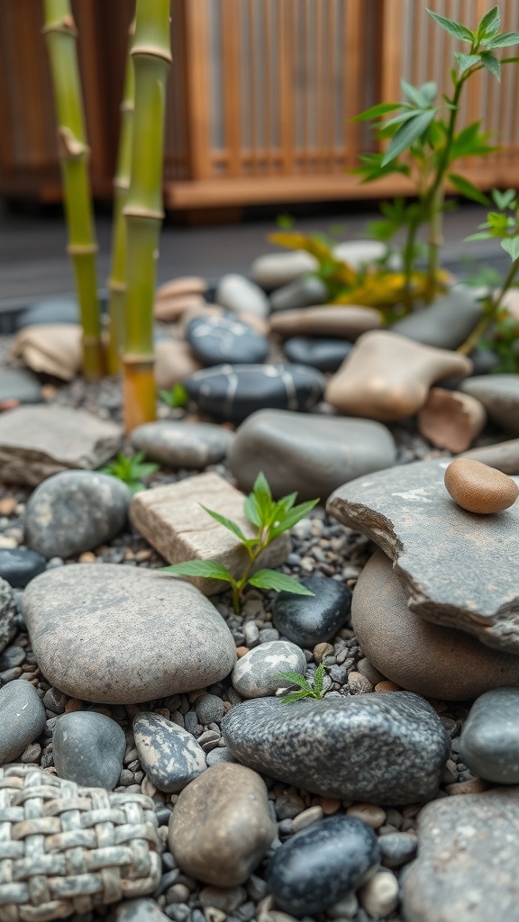 A close-up view of natural materials in a Japanese courtyard garden, featuring stones, bamboo, and small plants.