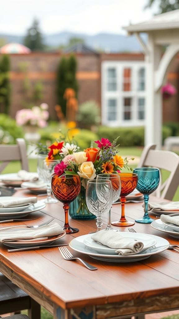 A beautifully set outdoor table with colorful glassware and elegant dinnerware, featuring a floral centerpiece.