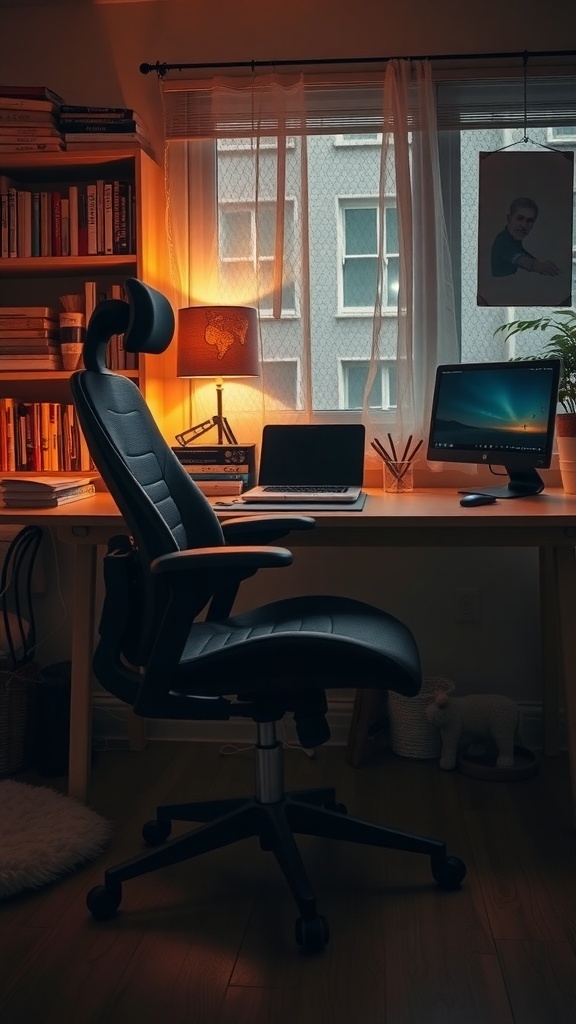 A cozy workspace featuring a sleek ergonomic chair, a wooden desk, and warm lighting.
