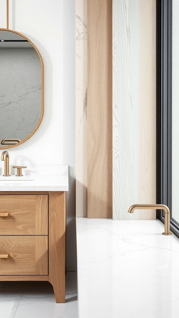 A modern bathroom vanity featuring a wooden base and a white marble countertop, with a round mirror and stylish faucet.