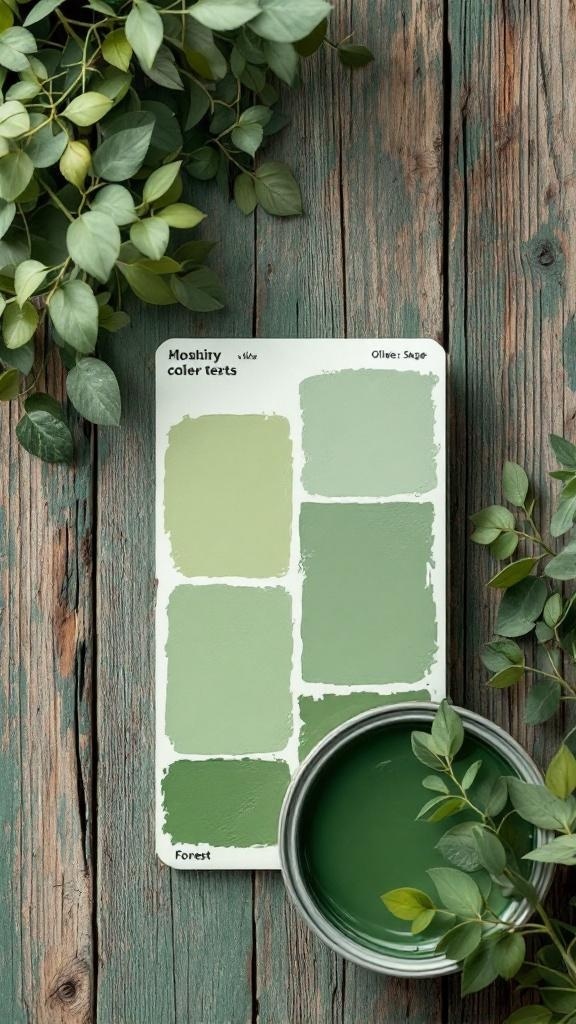 A color palette featuring shades of green with paint samples labeled olive, sage, moss, and forest, surrounded by greenery on a wooden surface.
