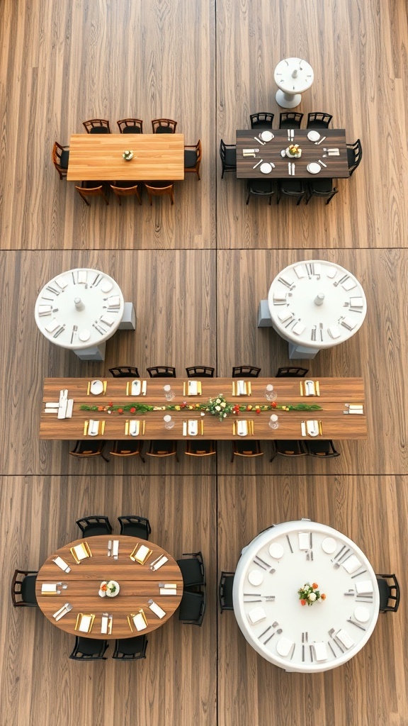 An overhead view of various dining tables in different shapes and sizes, showcasing a mix of rectangular and round tables set for a meal.