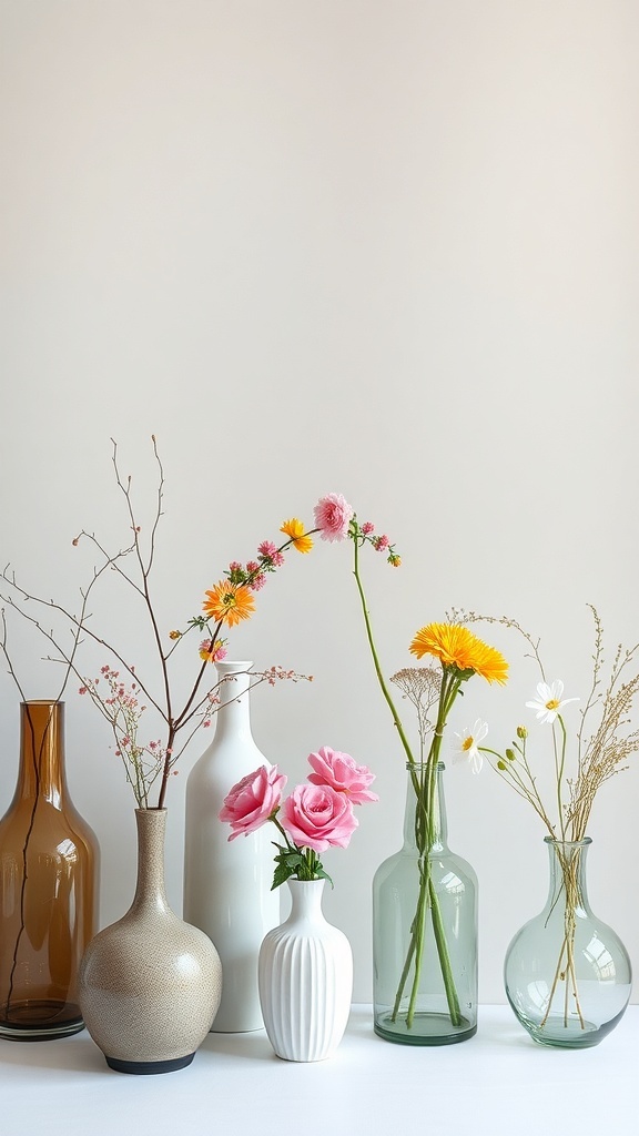 A variety of vases with flowers arranged in them, showcasing different shapes and colors.