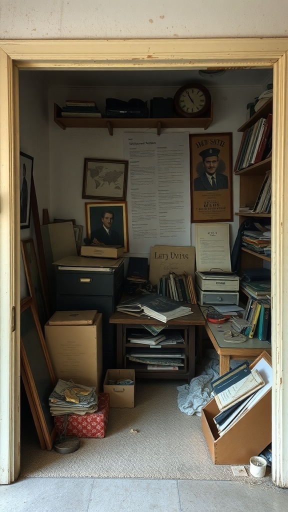 A cluttered room filled with various sentimental items, including old photographs and stacks of papers.