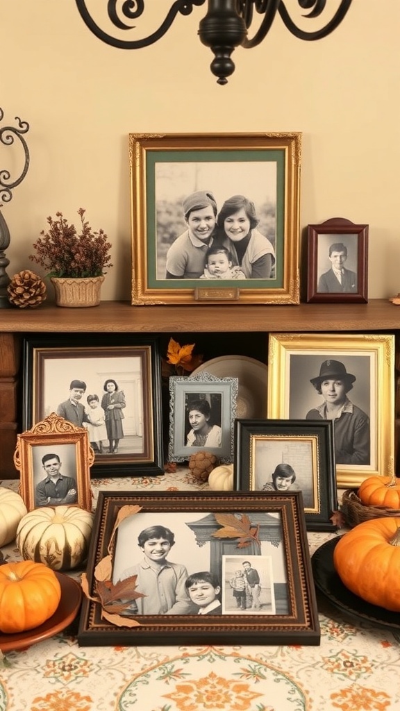 A collection of sepia-toned family photos framed and displayed on a table with pumpkins and autumn leaves.