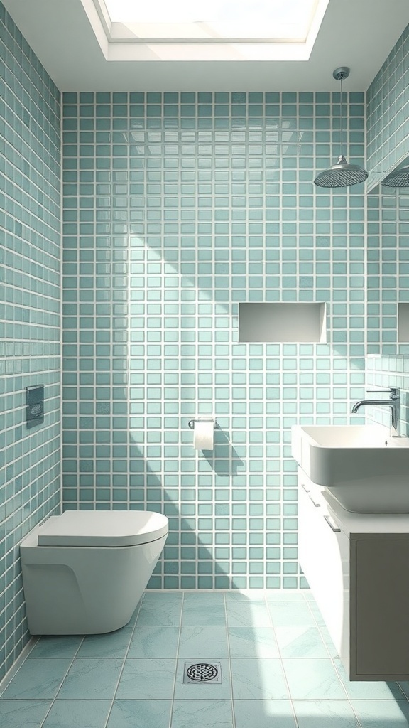 A contemporary bathroom featuring glossy sea-green wall tiles in a herringbone pattern, a minimal freestanding tub, and clean white surfaces.