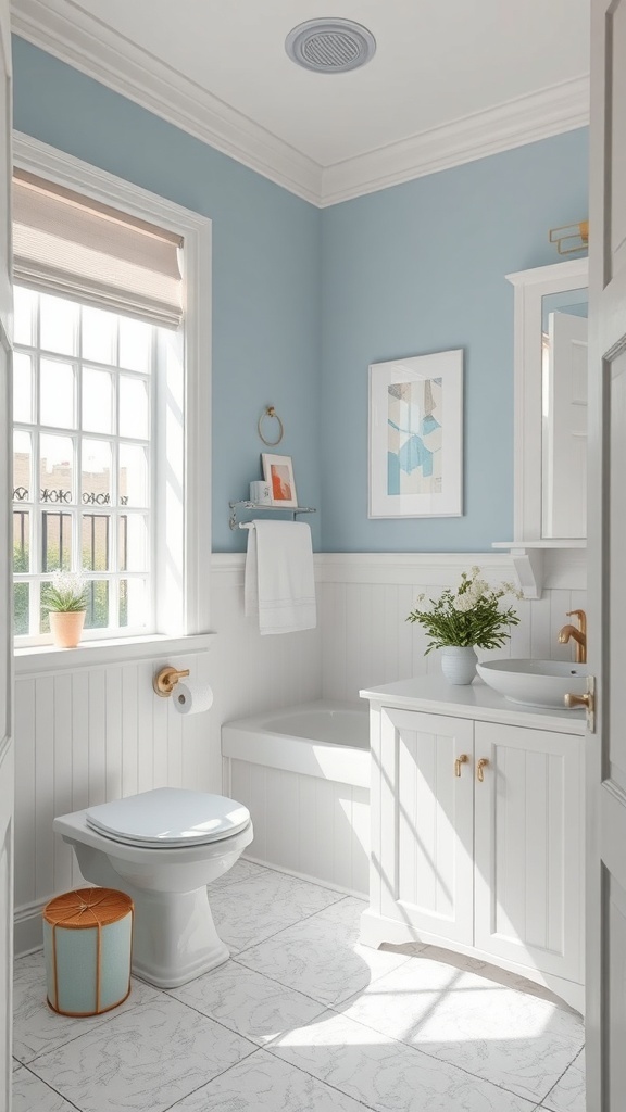 A serene bathroom featuring light blue walls, white accents, and gold fixtures, with natural light streaming in.