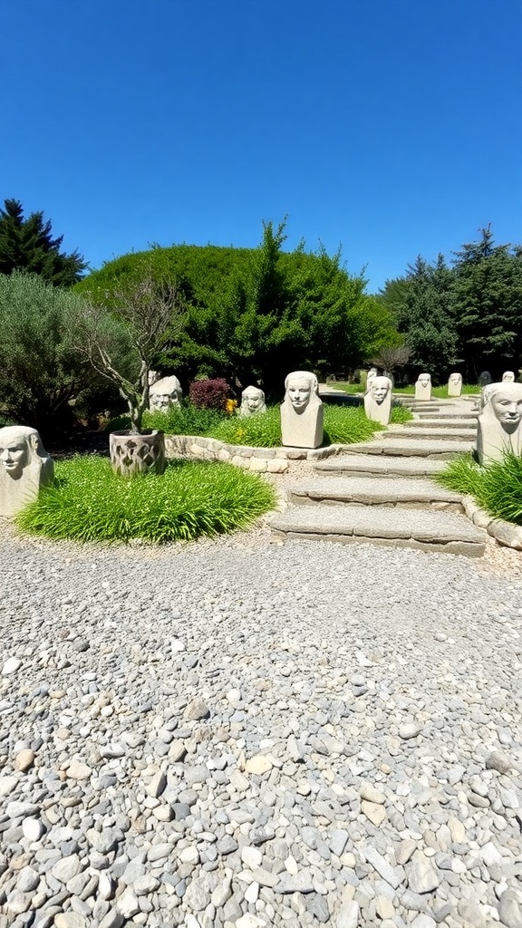 A serene gravel and stone landscape with sculptures and greenery under a clear blue sky.