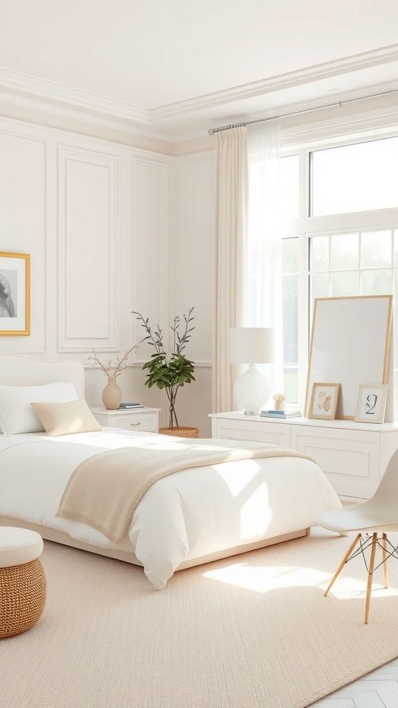 A serene bedroom featuring a neutral color palette with white and beige tones, natural light, and minimal decor.