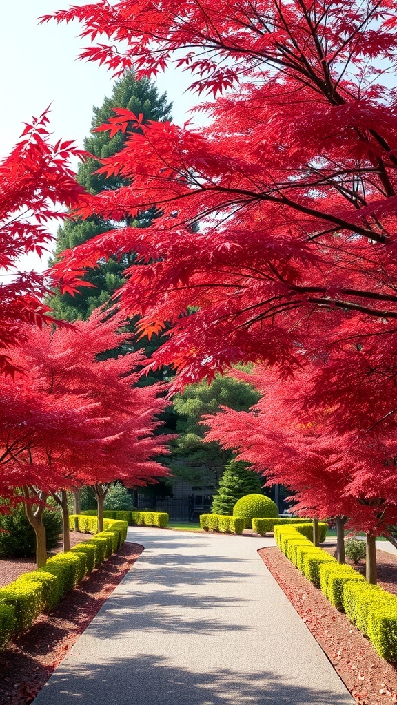 A serene pathway lined with vibrant red Japanese maple trees and trimmed hedges.