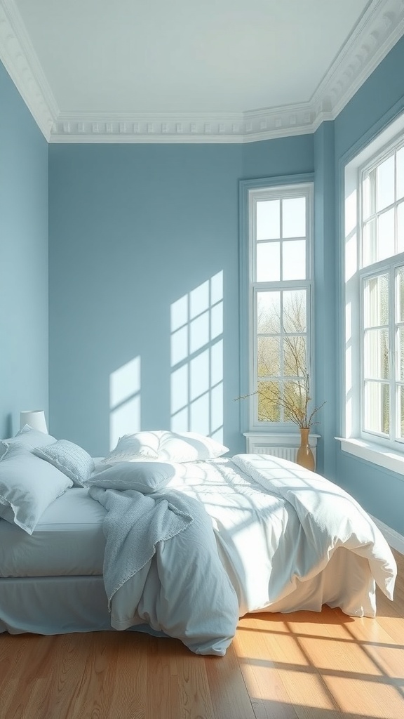 A serene sky blue bedroom with large windows and a cozy bed.