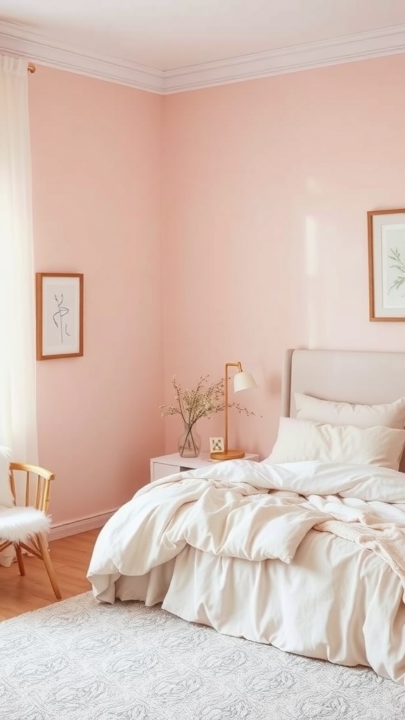 A serene bedroom with soft pink walls, a cozy bed with white linens, a stylish nightstand, and a comfortable chair.