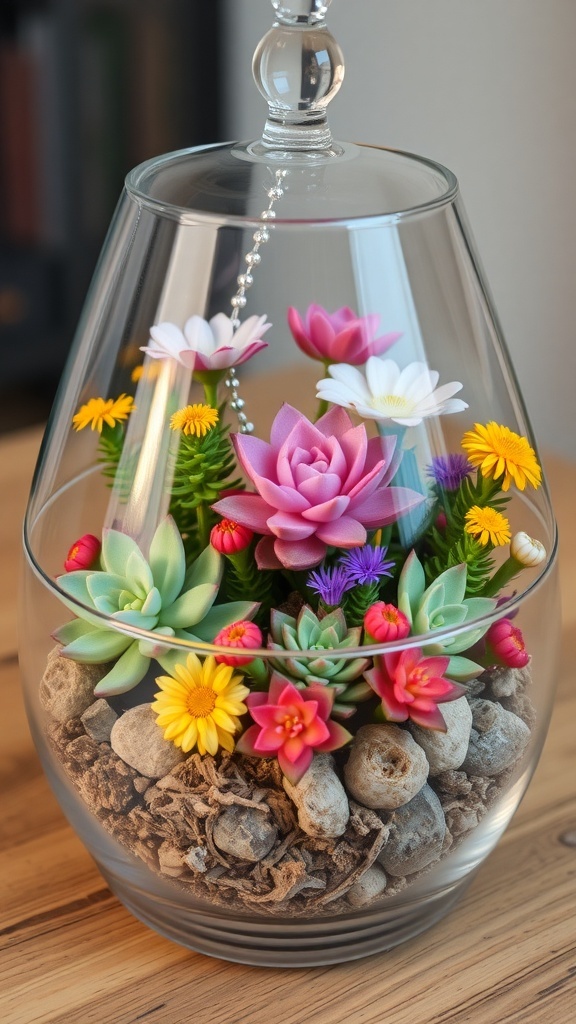 A glass terrarium filled with colorful succulents and flowers, showcasing a serene blend of nature.