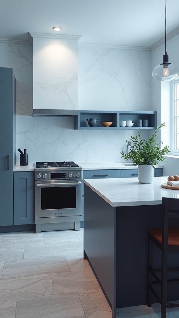 A modern kitchen featuring Azul Celeste granite countertops with soft blue hues and light cabinetry.