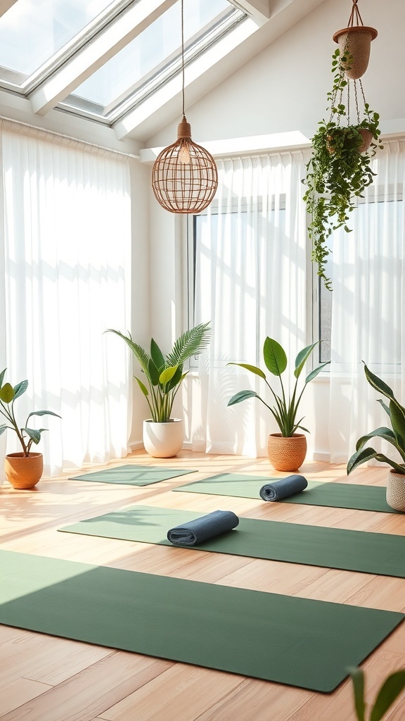 A serene yoga space in a sunroom with green plants, yoga mats, and natural light.
