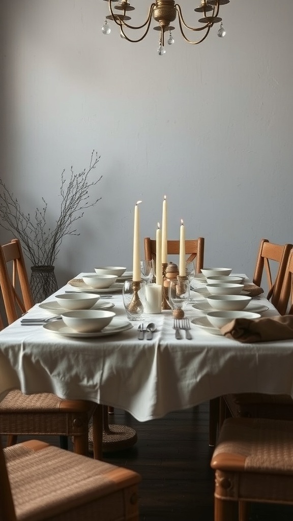 A cozy seasonal tablescape featuring a neutral tablecloth, tall candles, and simple white bowls.