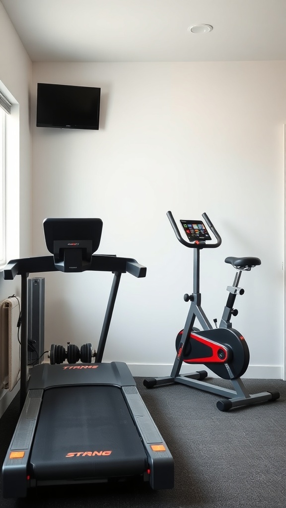 A home gym cardio corner featuring a treadmill and a stationary bike.