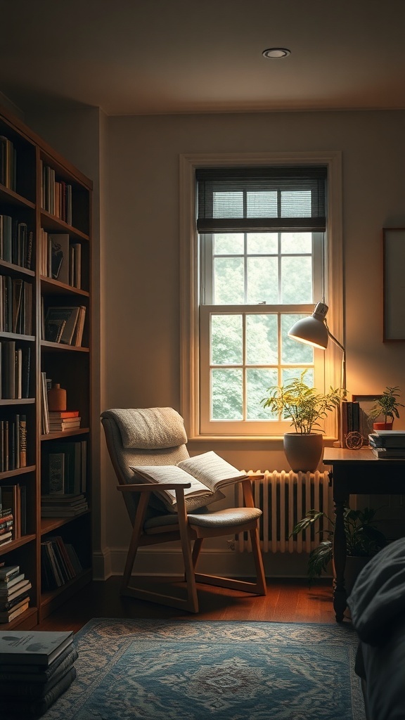 A cozy reading nook with a comfortable chair, a side table, a lamp, and a bookshelf filled with books.