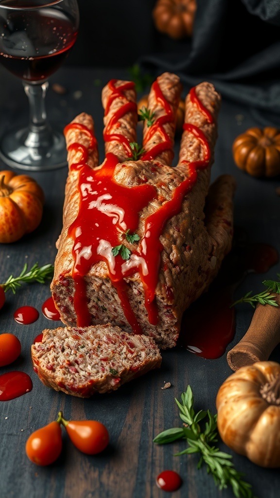 A severed hand meatloaf with ketchup, surrounded by pumpkins and a glass of red drink.