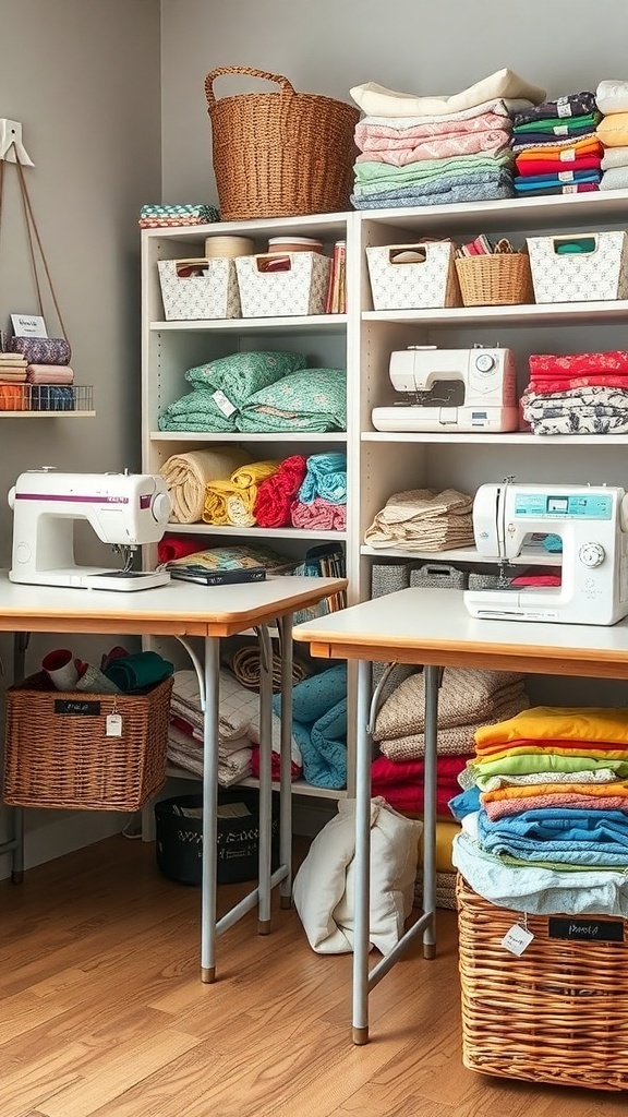 A cozy sewing and quilting room with organized shelves filled with colorful fabrics, two sewing machines on tables, and warm wooden floors.