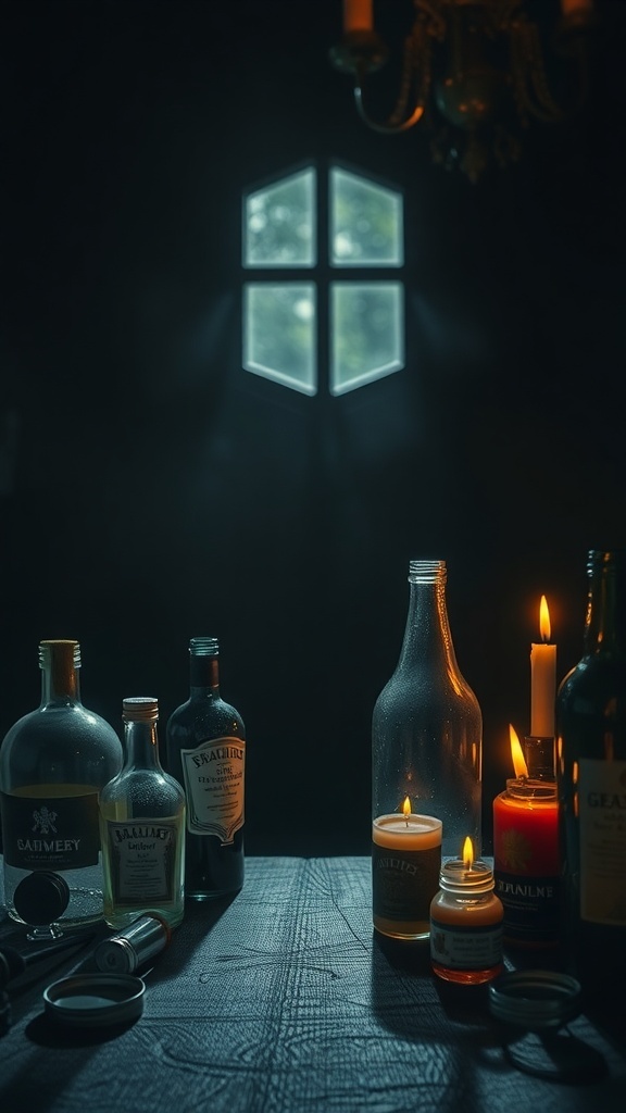 A dimly lit room with glass bottles and candles creating a spooky atmosphere.