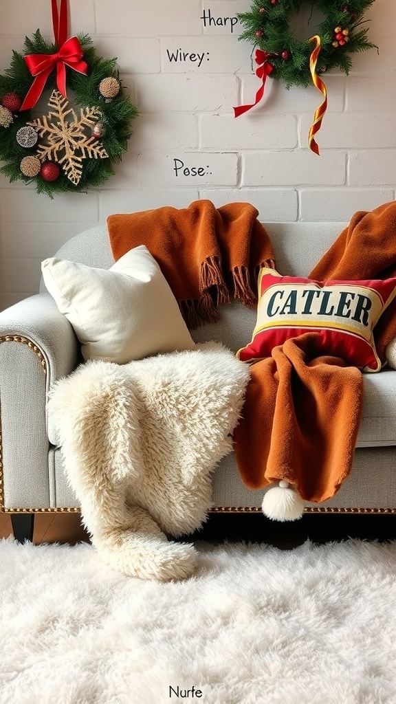 Cozy sofa with sheepskin and faux fur throws, decorated for Christmas