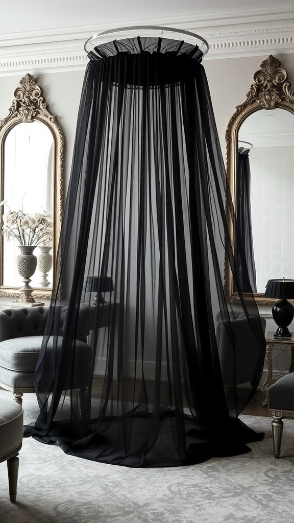 A living room with sheer black tulle draping from a circular frame, surrounded by ornate mirrors and elegant furniture.