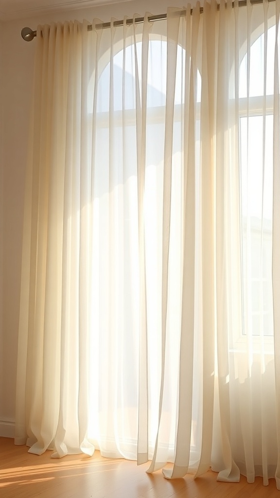Light filtering through sheer curtains in a bright room