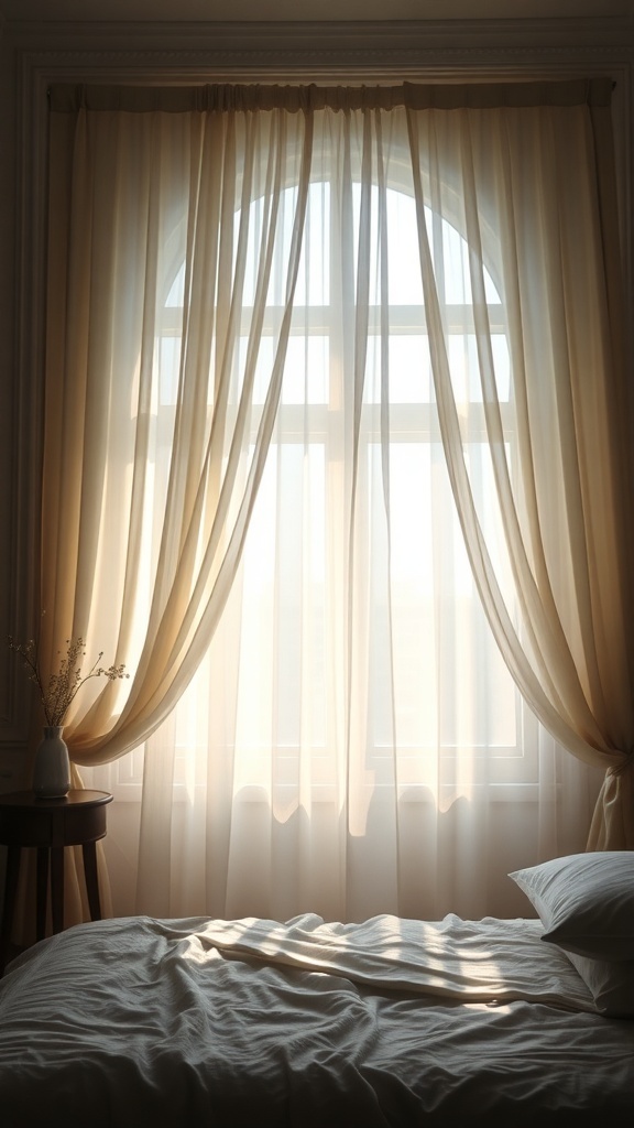 Sheer layered curtains softly draping over a window, allowing light to filter through in a cozy bedroom setting.