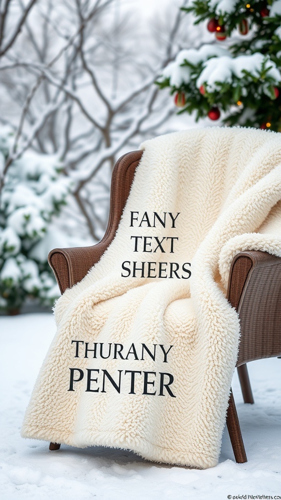 A cozy Sherpa throw draped over a chair, surrounded by a wintery scene.