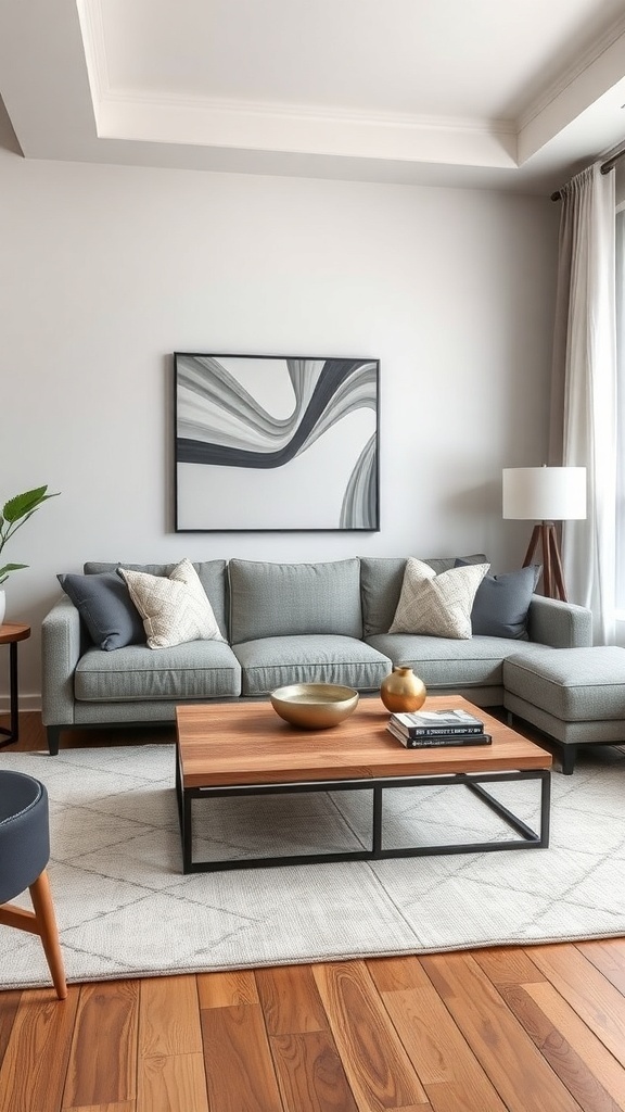 A modern living room featuring a shifted sofa table with a warm wood top and metal frame, showcasing an asymmetrical design.