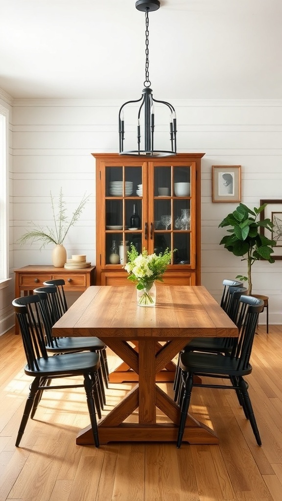 A modern farmhouse dining room featuring shiplap walls, a wooden dining table, black chairs, and a stylish light fixture.