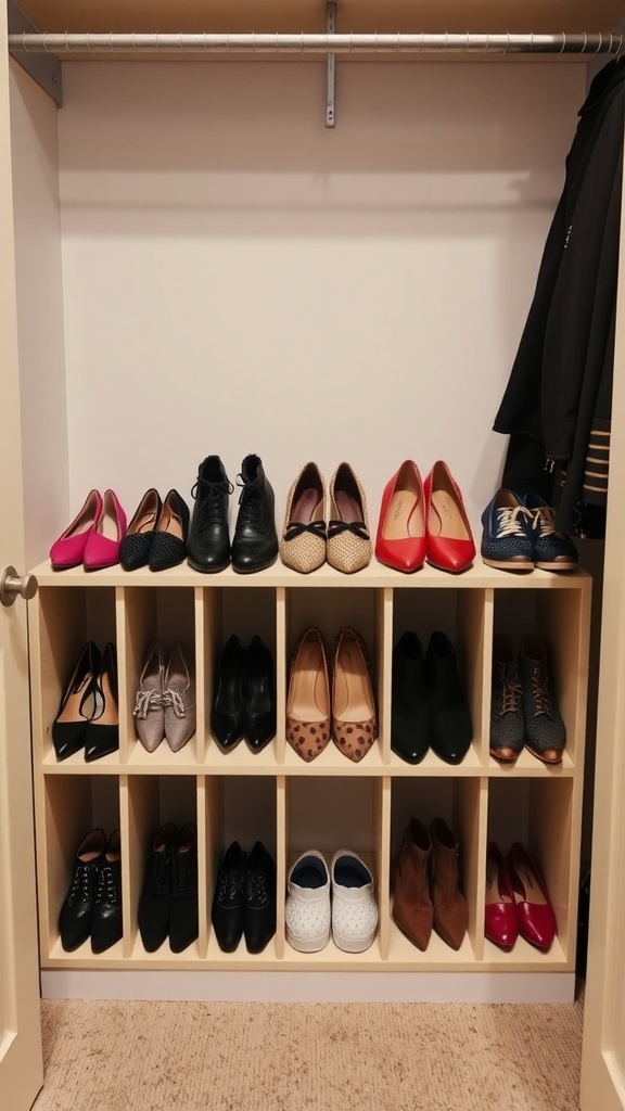Organized shoe cubbies displaying various pairs of shoes in a closet.