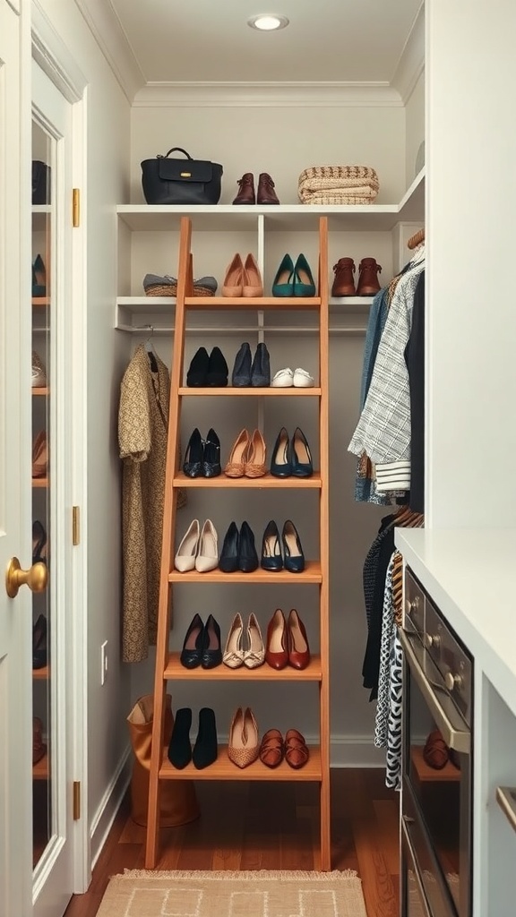 A stylish shoe ladder display in a closet showcasing various pairs of shoes.