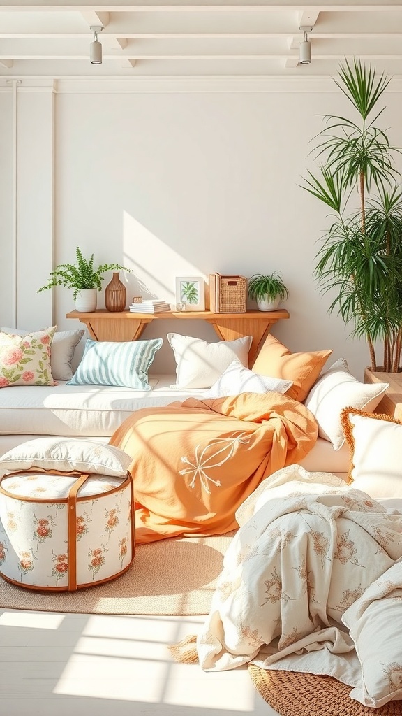 A cozy living space with summer bedding, featuring light colors and natural elements.