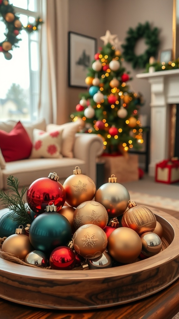 A cozy living room decorated with vintage ornaments and a Christmas tree in the background.