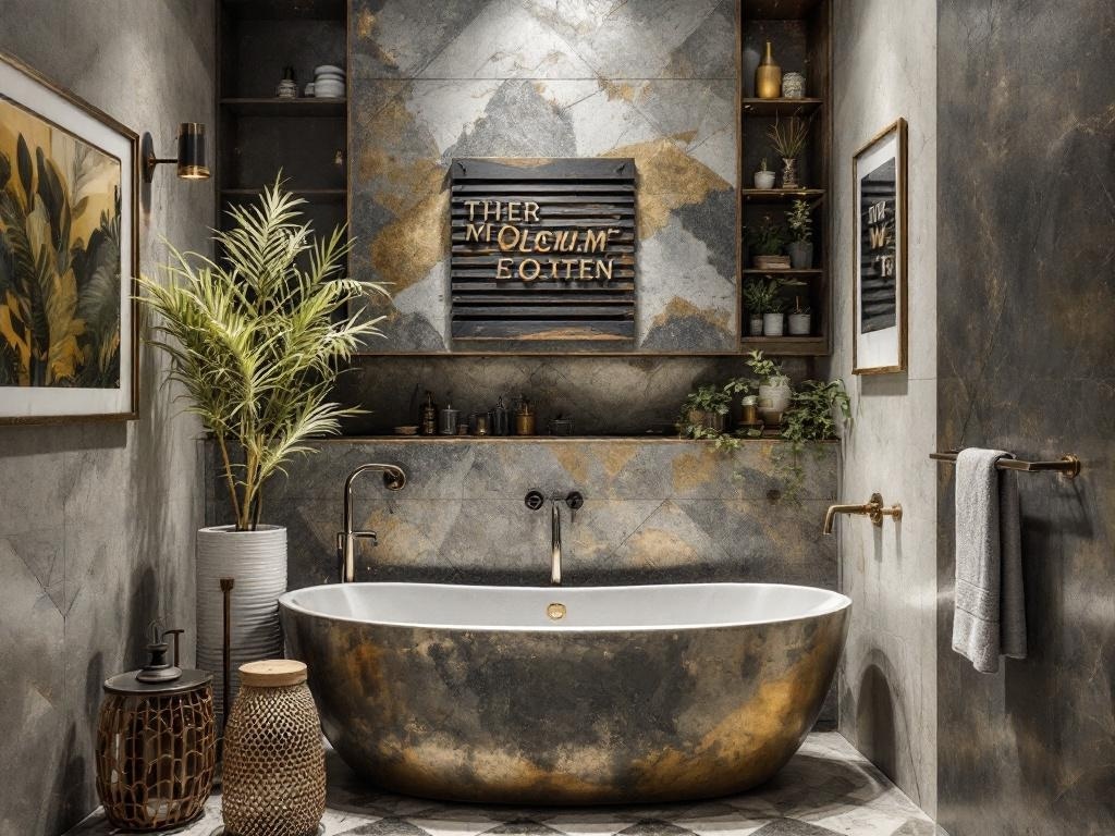 A stylish bathroom featuring a mix of gold and dark metal finishes, with a modern tub and natural elements.