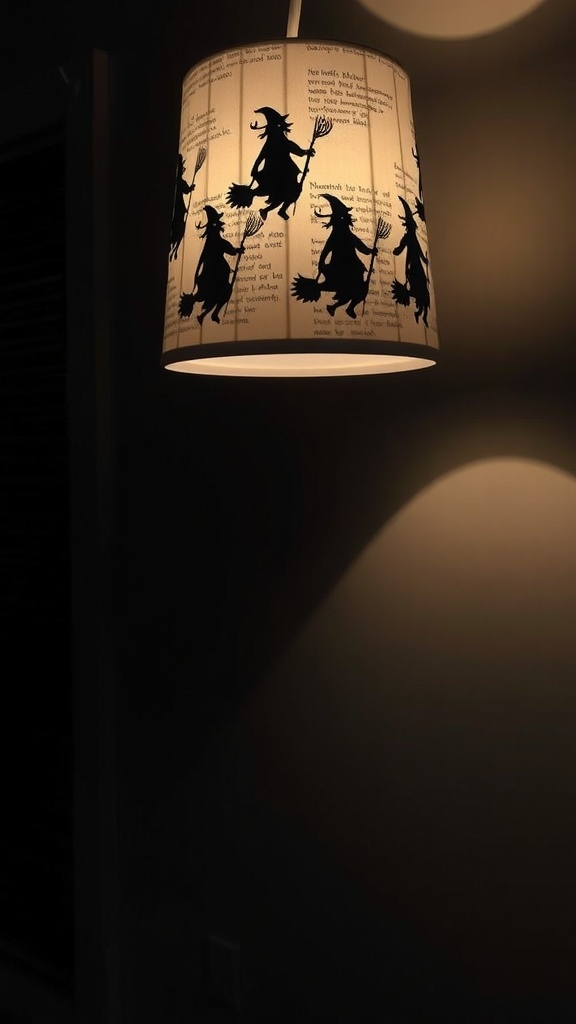 A lamp with a witches silhouette design casting shadows on the wall.